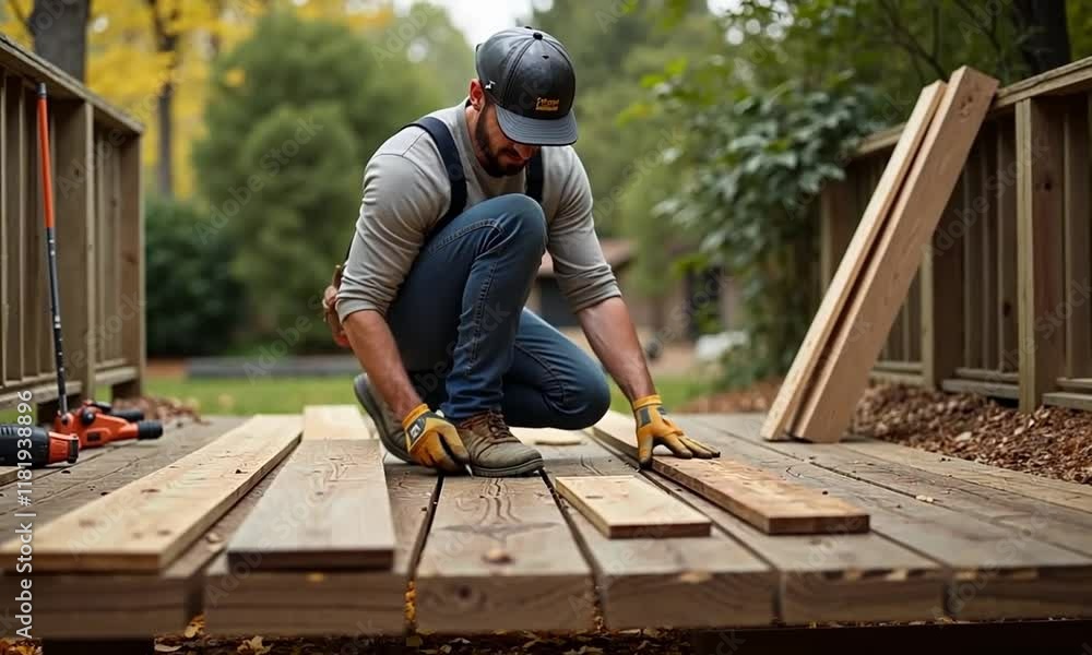 A construction worker carpenter building a wooden deck, showcasing craftsmanship, skill, and the art of modern construction A construction worker carpenter building a wooden deck, showcasing craftsmanship, skill, and the art of modern construction