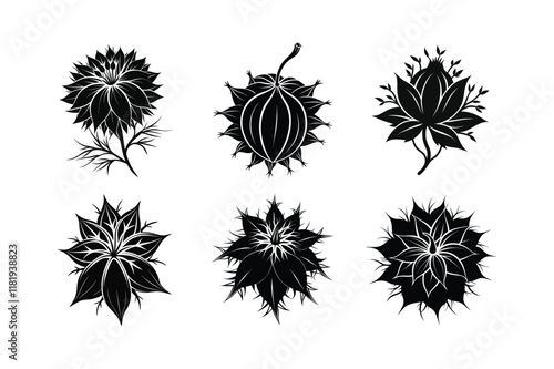 Wallpaper Mural Nigella (Nigella sativa) design, labeled silhouette vector illustration Torontodigital.ca