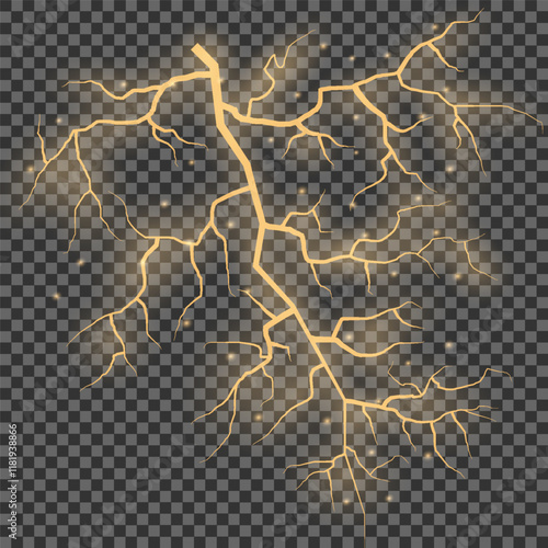 Bright glow of lightning. Realistic effect of bright electric discharge of blue lightning. Yellow lightning effect with sparks on black background. Vector illustration
