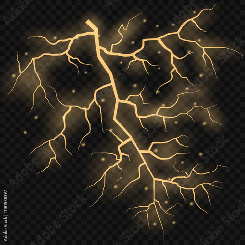 Bright glow of lightning. Realistic effect of bright electric discharge of blue lightning. Yellow lightning effect with sparks on black background. Vector illustration