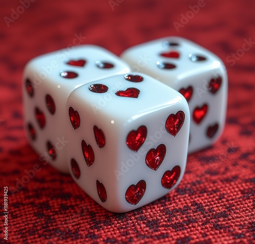 Three white dice featuring red heart designs on a textured red fabric background, evoking themes of love, luck, and gaming.
 photo