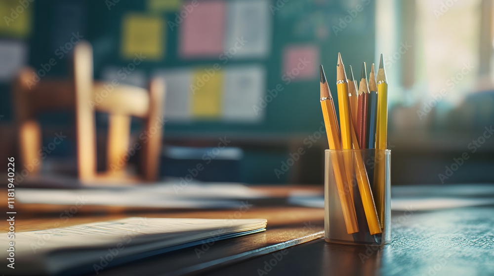 Colored Pencils in Holder on Desk Beside Notebook