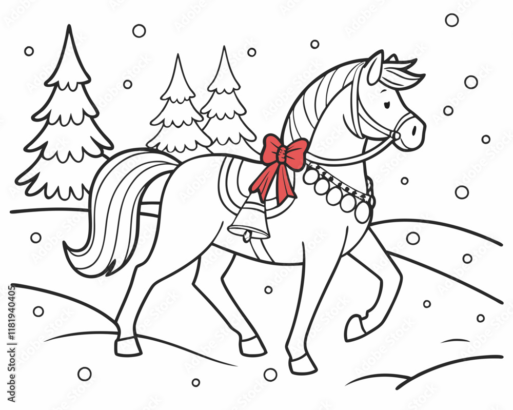 Obraz premium christmas themed coloring picture horse animal. Festive Horse with Bells Coloring Page - Christmas Holiday Printable for Kids.