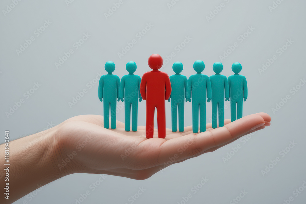 Hand holding symbolic figures with one red leader among blue team members, representing leadership and individuality. Hand holding symbolic figures with one red leader among blue team members, representing leadership and individuality.