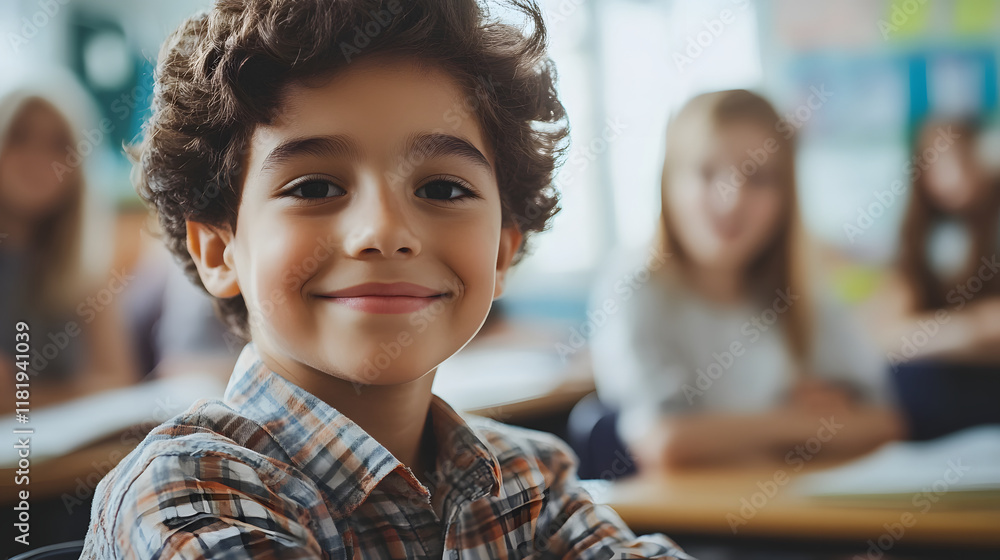 Happy Young Boy Smiles in Classroom Setting Happy Young Boy Smiles in Classroom Setting
