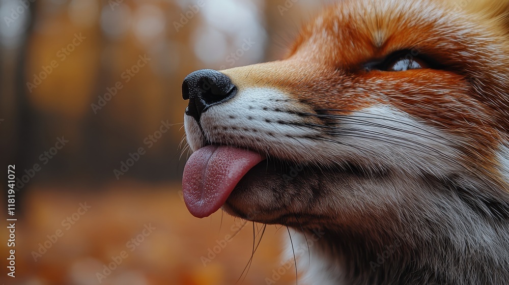 Naklejka premium Close-Up of a Red Fox with Tongue Out in Autumn Forest with Soft Focus Background
