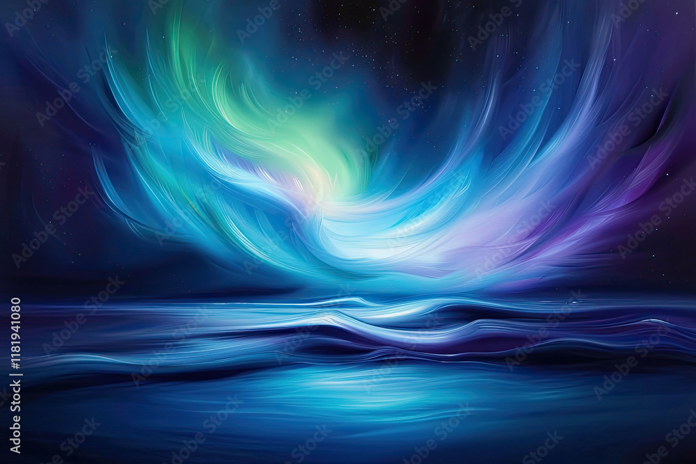 Fototapeta premium Vibrant abstract ocean waves with colorful aurora in night sky