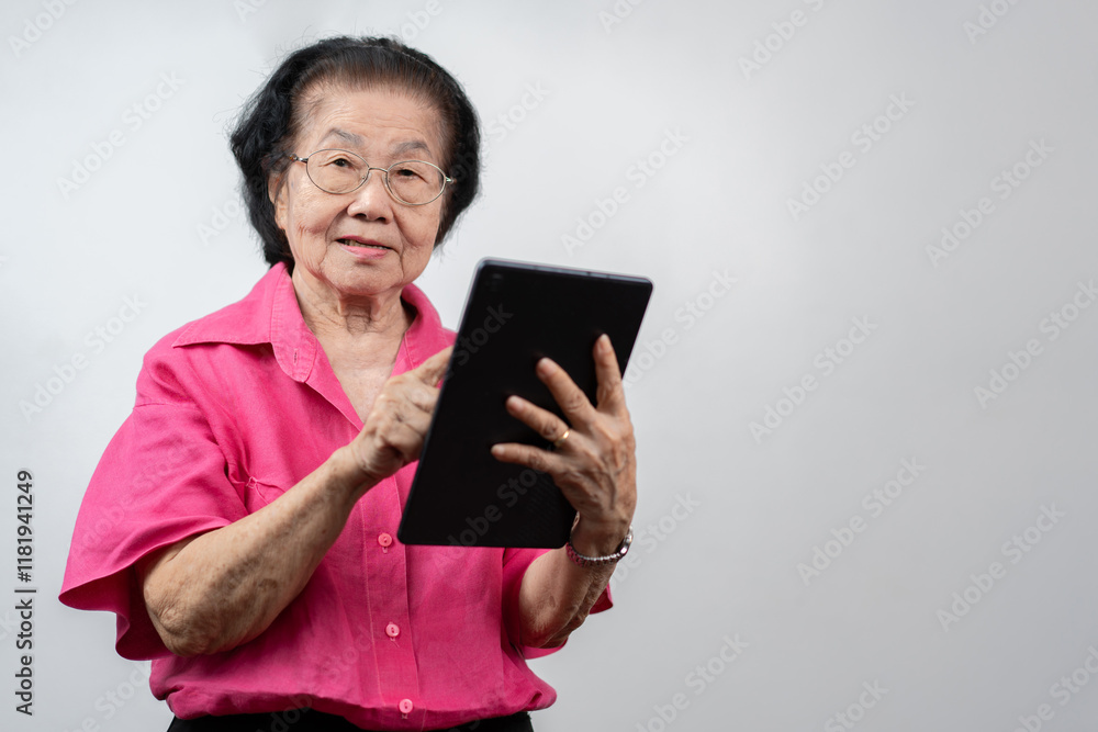 Senior Woman Embracing Digital Technology: A portrait of an elderly Asian woman with a warm smile as she video chats on her tablet, engaged with her tablet, education online, elderly learning activity Senior Woman Embracing Digital Technology: A portrait of an elderly Asian woman with a warm smile as she video chats on her tablet, engaged with her tablet, education online, elderly learning activity