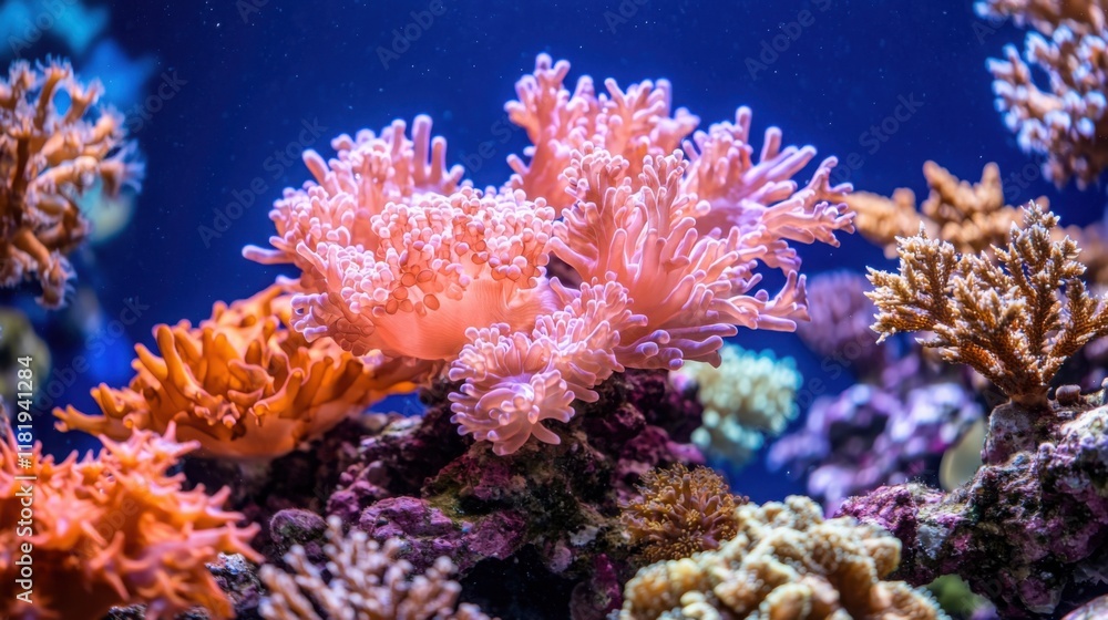 Naklejka premium A vibrant underwater scene showcasing various colorful coral species thriving in a blue ocean environment.