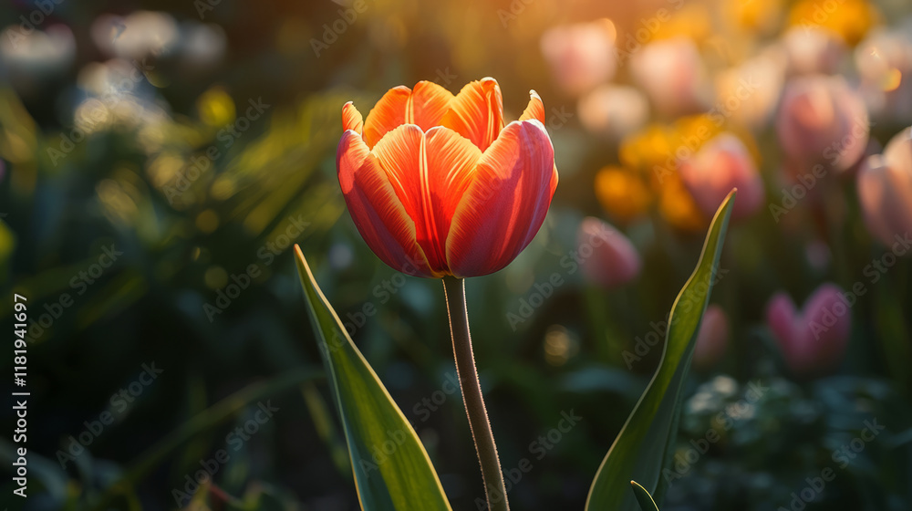 Fototapeta premium Vibrant orange tulip bathed in warm sunlight during spring bloom