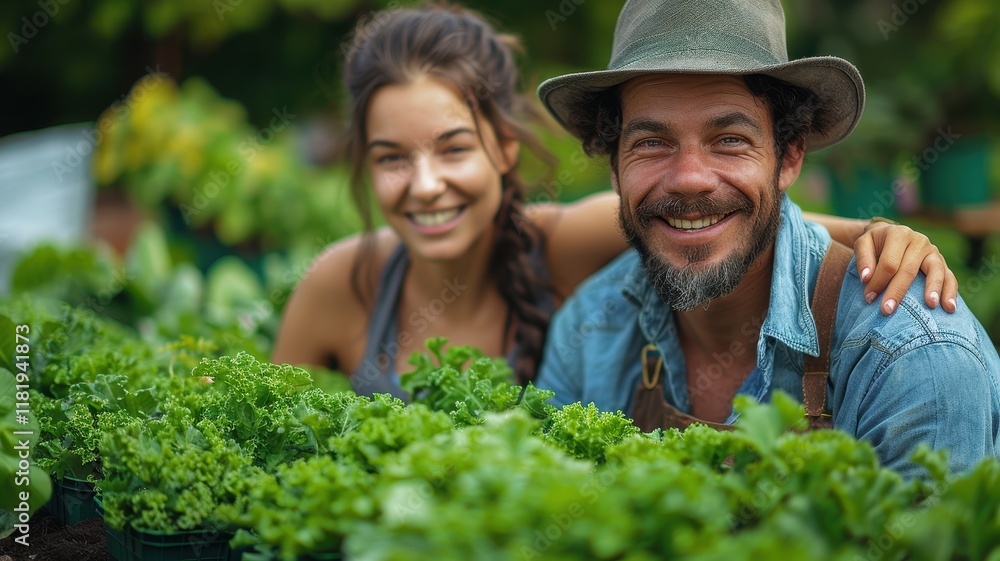 A joyful couple poses together in a lush garden, surrounded by vibrant greens, showcasing their love for gardening and fresh produce. A joyful couple poses together in a lush garden, surrounded by vibrant greens, showcasing their love for gardening and fresh produce.
