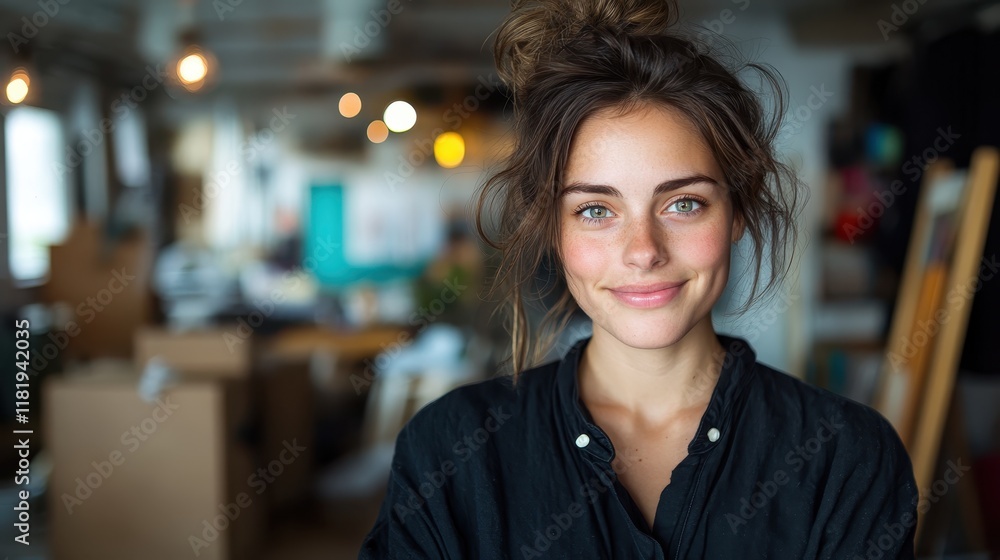 A warm and cheerful portrait captures a young woman with a bright smile, radiating positivity and creativity in a vibrant and artistic environment. A warm and cheerful portrait captures a young woman with a bright smile, radiating positivity and creativity in a vibrant and artistic environment.