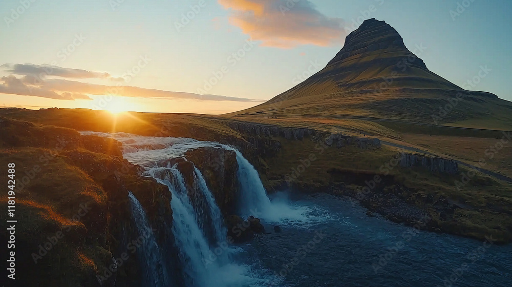 Fototapeta premium Scenic sunrise over Kirkjufellsfoss waterfall and mountain in Iceland