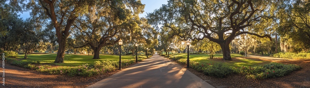 Serene park pathway surrounded by lush trees and warm sunlight. Serene park pathway surrounded by lush trees and warm sunlight.
