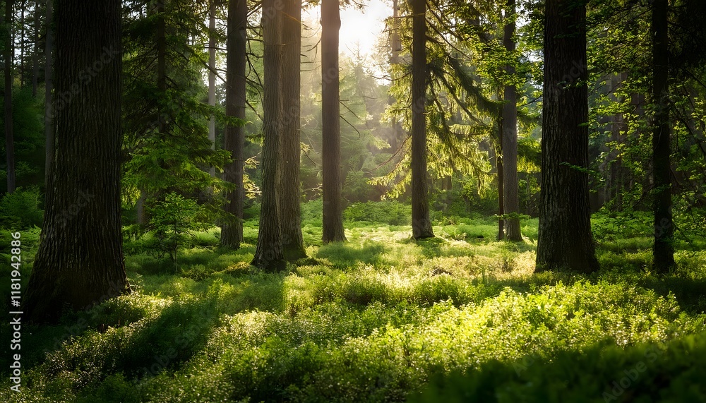 Obraz premium Sunlit Forest Lush Green Canopy Tall Trees Tranquil Nature Scene