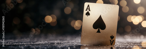 Ace of spades card on sparkling surface with bokeh background