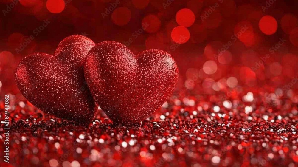 3d renderTwo sparkling red hearts sit close together on a glittery red surface, creating a romantic and festive atmosphere. 3d renderTwo sparkling red hearts sit close together on a glittery red surface, creating a romantic and festive atmosphere.