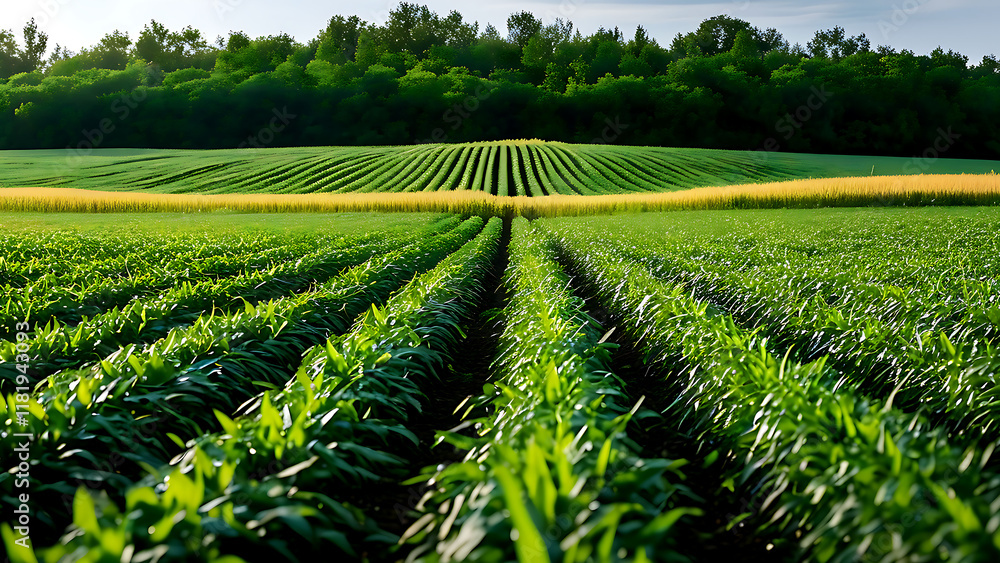 Lush Green Rows of Crops in Scenic Farmland Landscape Lush Green Rows of Crops in Scenic Farmland Landscape