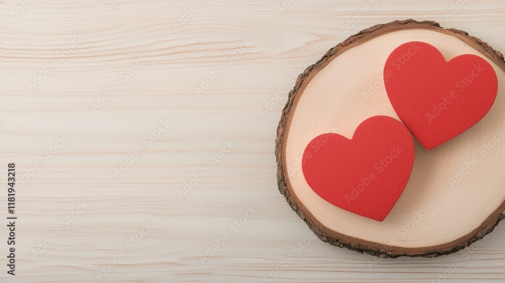 3d render Two red heart shapes resting on a wooden slice, symbolizing love and affection, ideal for romantic occasions or crafts. 3d render Two red heart shapes resting on a wooden slice, symbolizing love and affection, ideal for romantic occasions or crafts.