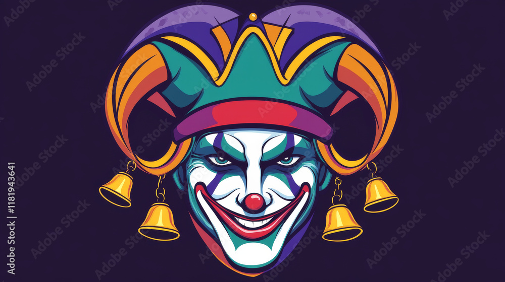 Joker face casino line icon, medieval jester in hat with bells. Vector funny clown, comic circus character, fool or blackjack personage Joker face casino line icon, medieval jester in hat with bells. Vector funny clown, comic circus character, fool or blackjack personage