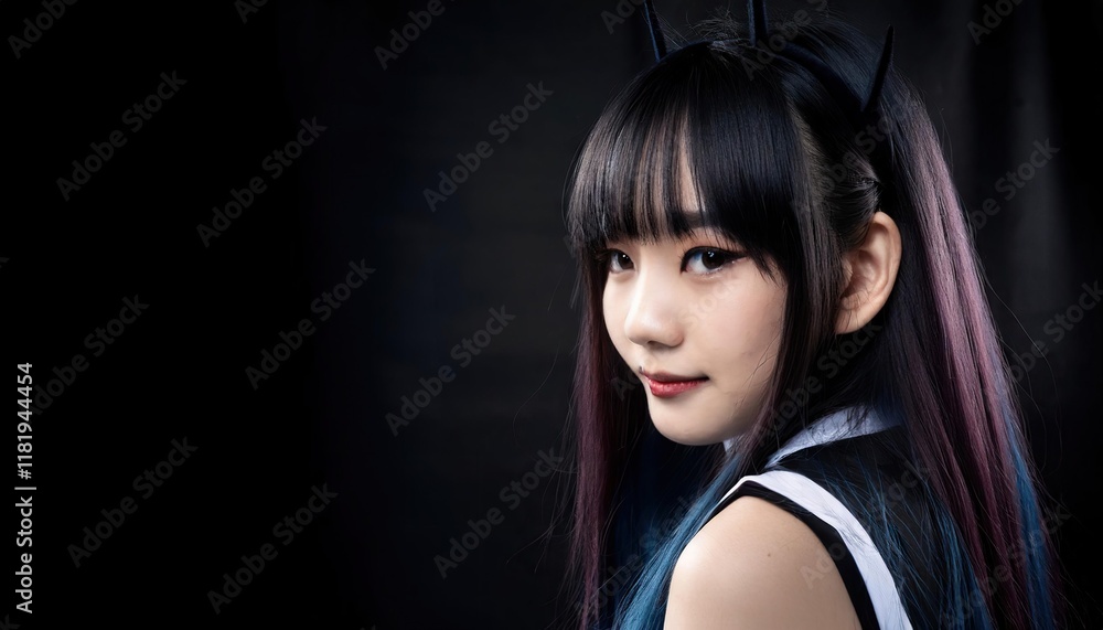 Fototapeta premium An anime style girl with a dark black gothic style background 