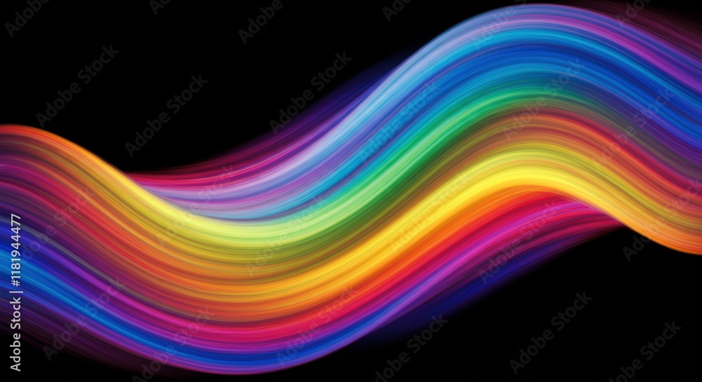 Abstract Rainbow Waves: A vibrant and dynamic abstract background featuring a mesmerizing wave of colorful stripes, cascading in a sinuous pattern across a deep black canvas. Abstract Rainbow Waves: A vibrant and dynamic abstract background featuring a mesmerizing wave of colorful stripes, cascading in a sinuous pattern across a deep black canvas.