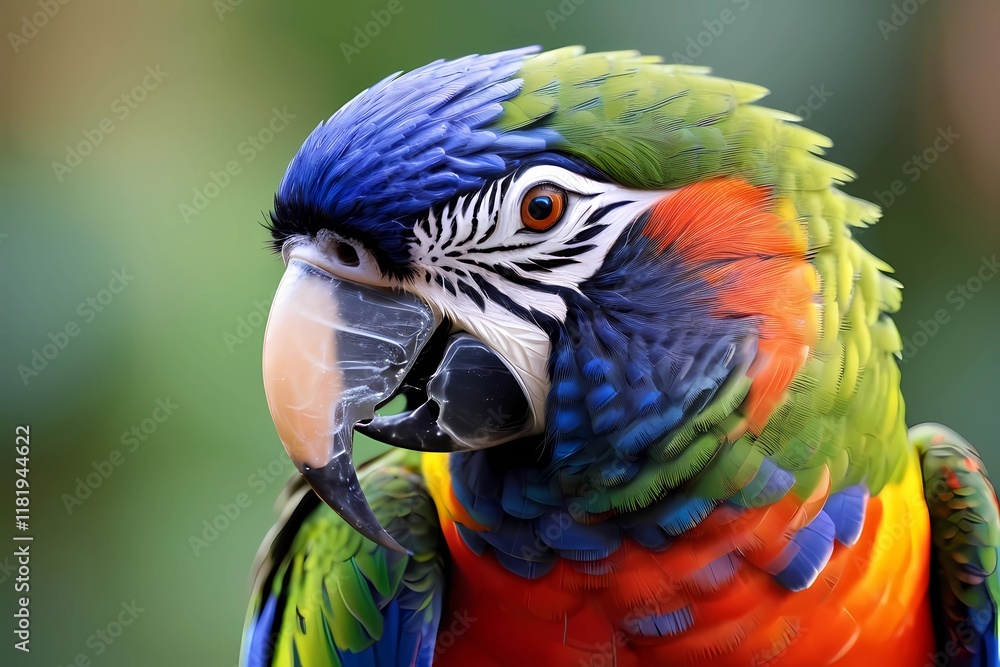 Fototapeta premium Close-up of a Vibrant Macaw Parrot, Showcasing Its Striking Plumage and Intense Gaze in Stunning Detail