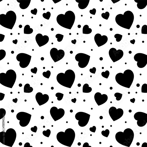 Seamless pattern with black hearts.Heart repeat pattern isolated on white background.Vector graphic illustration.Valentines background.
