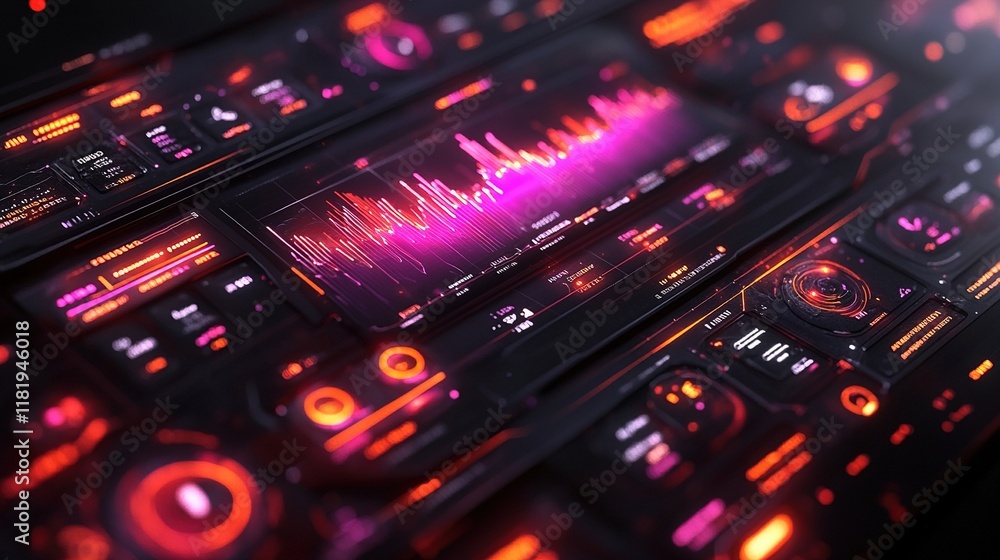 A futuristic control panel featuring vibrant neon graphics and soundwave visualizations. A futuristic control panel featuring vibrant neon graphics and soundwave visualizations.