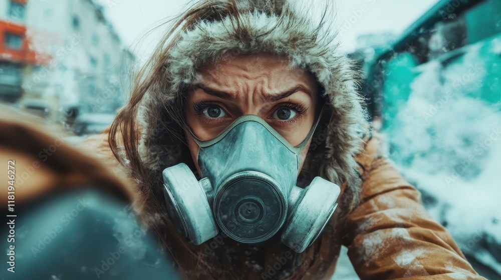 A woman wears a gas mask and looks directly at the camera, reflecting the harsh conditions and urgency of urban survival in a cold and challenging environment. A woman wears a gas mask and looks directly at the camera, reflecting the harsh conditions and urgency of urban survival in a cold and challenging environment.