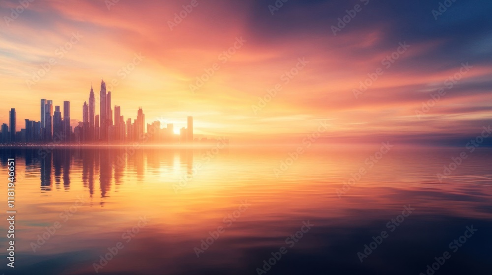 Fototapeta premium Stunning Sunset Over City Skyline Reflected in Calm Waters