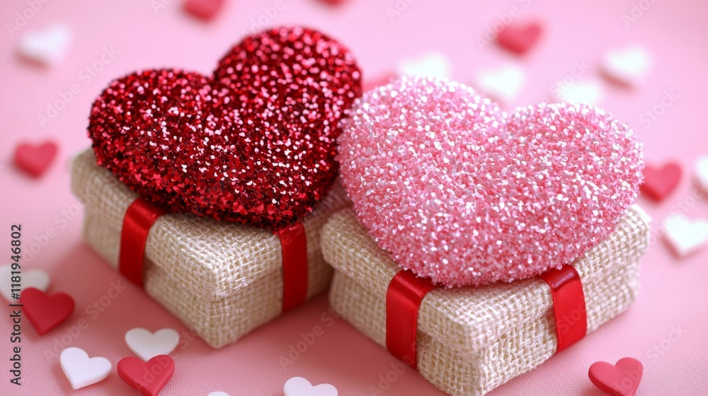 Obraz premium 3d render Two sparkling heart-shaped decorations sit atop gift boxes, surrounded by smaller hearts, creating a romantic and festive atmosphere.