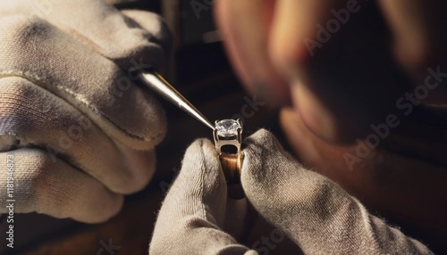 A master jeweler setting gems into diamond ring, workshop with professional tools  photo