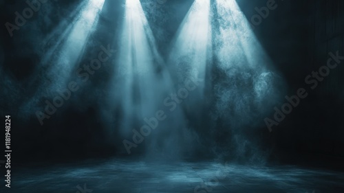 Wallpaper Mural Dramatic empty stage spotlights piercing smoke filled industrial warehouse, exposing weathered brick walls and shadowy atmospheric interior background concerts Torontodigital.ca