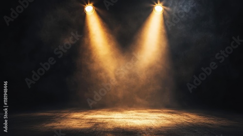 Smoke filling an empty stage illuminated orange lights, creating a dramatic and atmospheric setting background photo