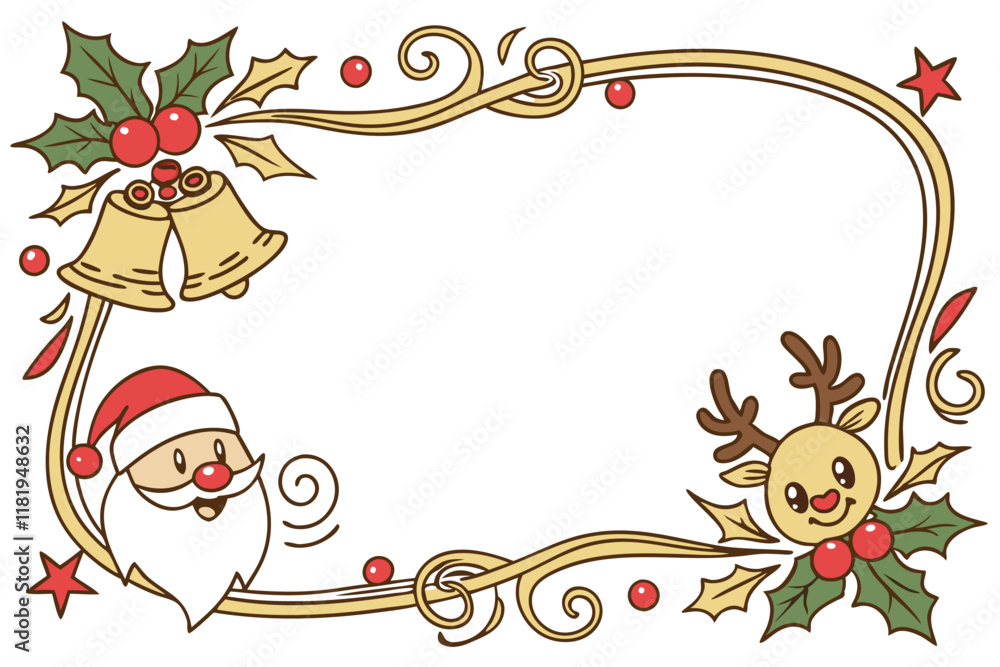 Fototapeta premium Christmas frame, golden ornate border, jingle bells, holly leaves, Santa Claus cartoon, reindeer cartoon, party horns, confetti, red bow, festive decorations, white background, cheerful holiday charac