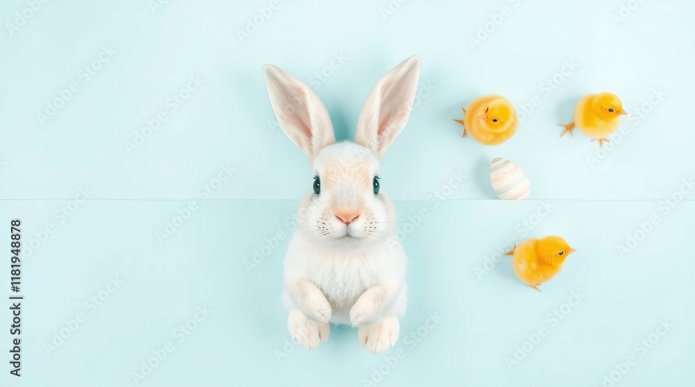 Obraz premium Adorable white bunny with fluffy yellow chicks and an egg on a pastel blue background. Perfect for Easter or spring celebrations!