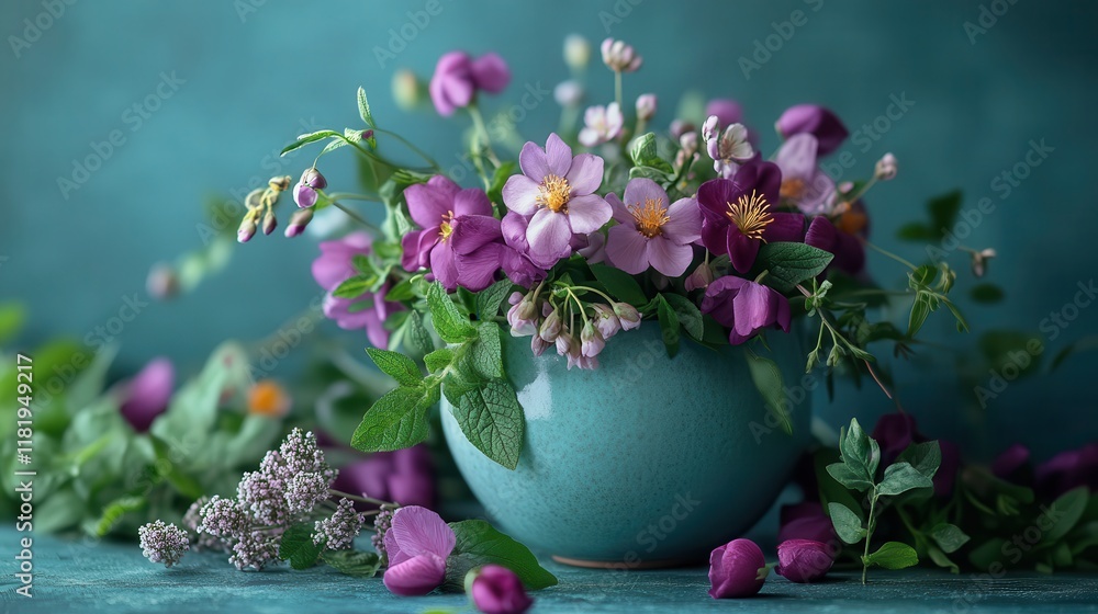 Purple blossoms and freshly picked herbs in an artistic floral arrangement Purple blossoms and freshly picked herbs in an artistic floral arrangement