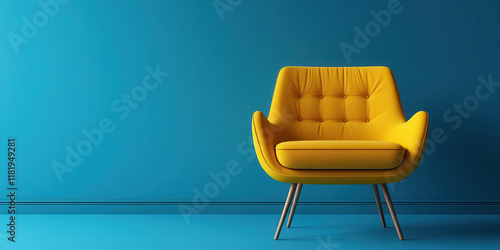 Modern yellow armchair in living room on bright blue background, interior design concept with copy space