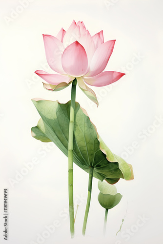 watercolor painting  pink  lotus on white