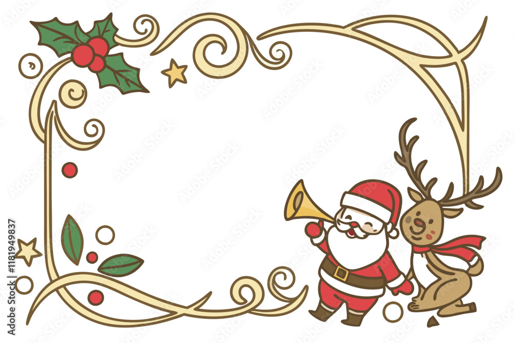 Christmas frame, golden ornate border, jingle bells, holly leaves, Santa Claus cartoon, reindeer cartoon, party horns, confetti, red bow, festive decorations, white background, cheerful holiday charac Christmas frame, golden ornate border, jingle bells, holly leaves, Santa Claus cartoon, reindeer cartoon, party horns, confetti, red bow, festive decorations, white background, cheerful holiday charac