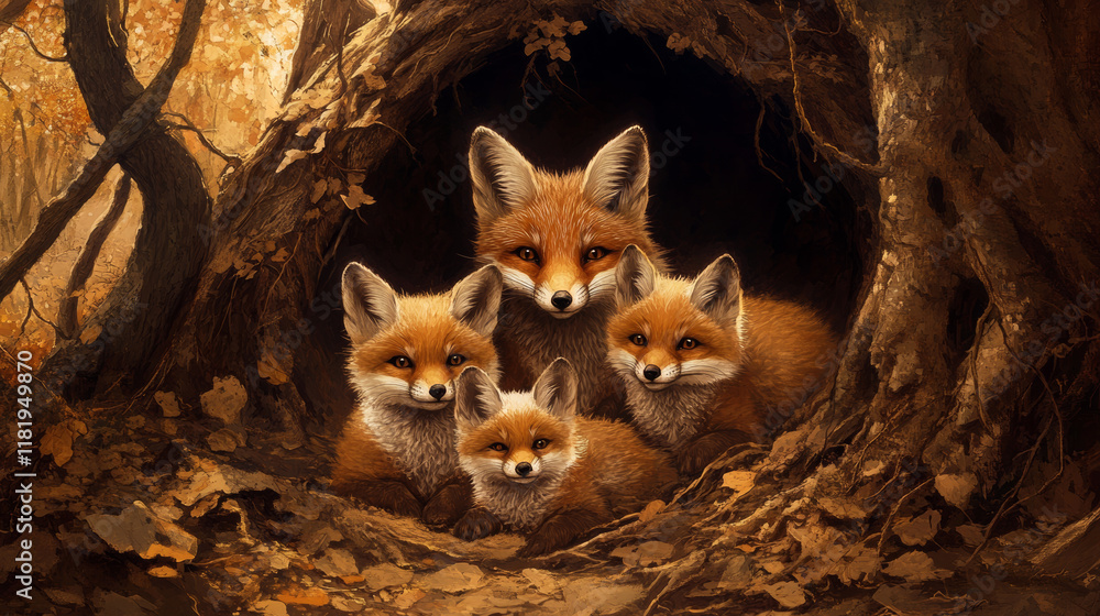 Fototapeta premium Cozy family of foxes in their den, nestled in warm forest burrow, surrounded by autumn leaves. heartwarming scene of nature beauty and family bonds