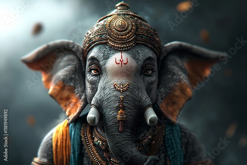 Majestic Digitally Painted Depiction of the Elephant Headed Deity Ganesha the Embodiment of Wisdom and Prosperity Depicted with an Aura of Divine Power and Benevolence Captured in a Striking photo