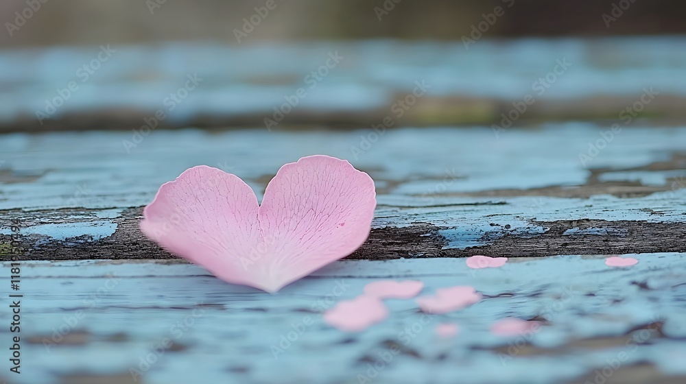 Fototapeta premium Heart-shaped petal on a weathered blue wooden surface for Valentine's Day. Generative AI