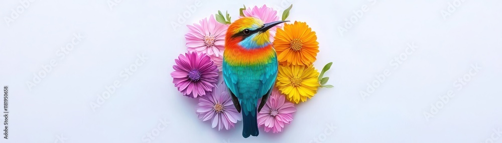 Fototapeta premium A colorful bird perched among vibrant flowers, showcasing a harmonious blend of nature's beauty.