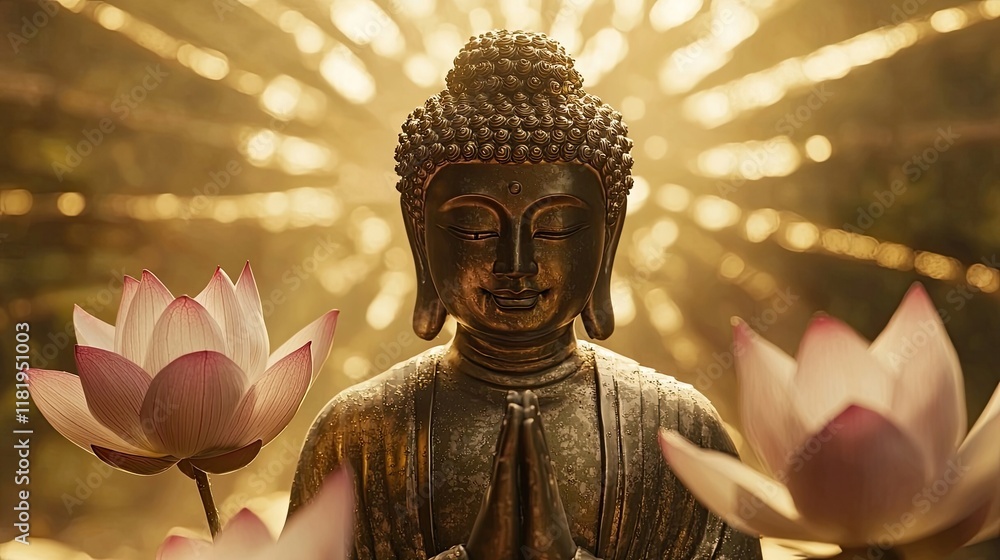 Obraz premium Golden Buddha sitting on a lotus surrounded by radiant glowing lights and celestial harmony. Spiritual energy and divine tranquility in a surreal environment. Generative by AI