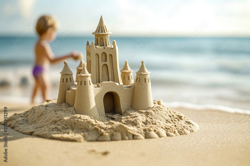 Child building a castle on the beach while waves gently lap at the shore Child building a castle on the beach while waves gently lap at the shore
