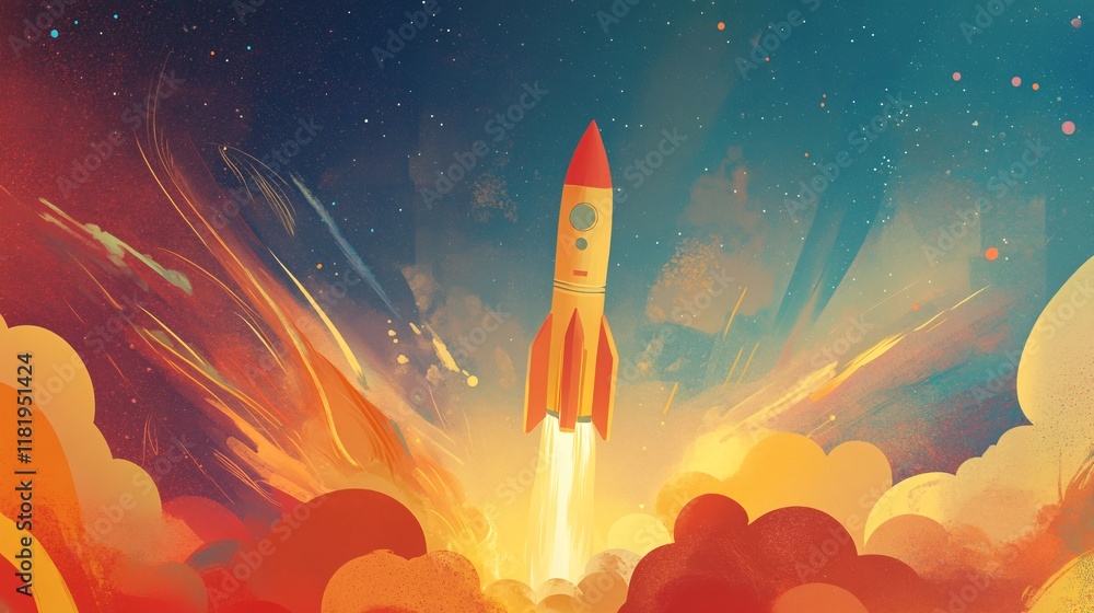 Obraz premium Lançamento de Foguete no Espaço em Ilustração Surreal com Cores Vibrantes, Nuvens Luminosas, Céu Estrelado e Atmosfera Cósmica, Representando Exploração e Conquista Espacial