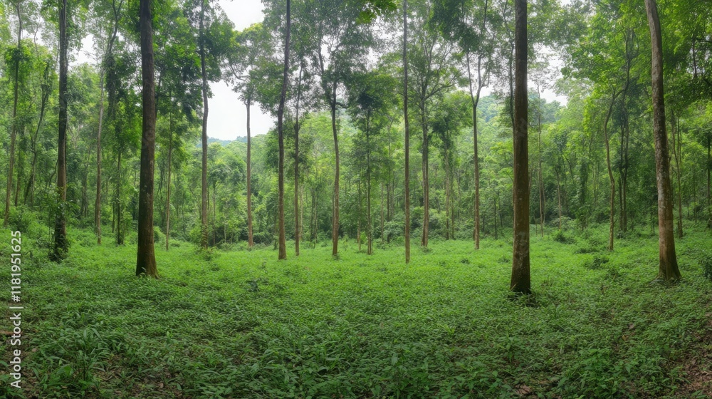 Lush Green Forest Landscape Tranquil Woodland Scene with Tall Trees and Ground Cover