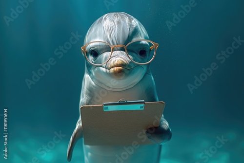Dolphin wearing glasses holding clipboard highlighting wisdom and communication on serene blue backdrop